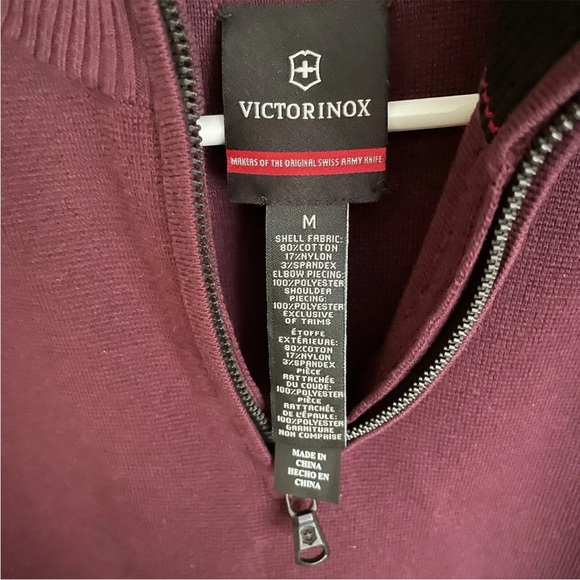 Victorinox Sweater Men's Burgundy 1/4 Zip Patched Elbows Shoulder Cotton Blend M - Picture 6 of 8